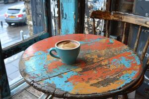 morning hot cup of coffee in the cafe table professional advertising food photography photo