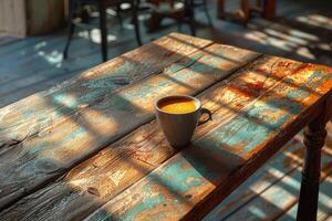 morning hot cup of coffee in the cafe table professional advertising food photography photo