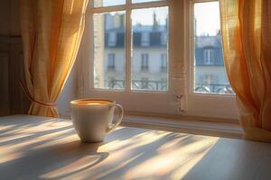 morning hot cup of coffee in the cafe table professional advertising food photography photo