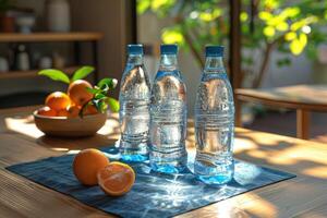 mineral water bottles on the table professional advertising food photography photo