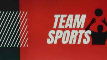 Team Sports inscription on red and black background with man playing basketball silhouette video