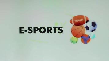 E-Sports inscription on light background with colorful balls for various kinds of sports illustration. Sports conception video