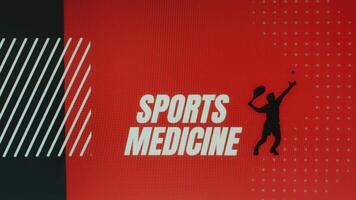 Sports Medicine inscription on red and black background with tennis player symbol. Sports concept video