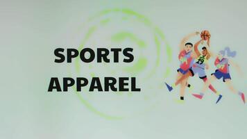 Sports Apparel inscription on light background with basketball players illustration. Sports conception video