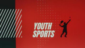 Youth Sports inscription on red and black background with tennis player symbol. Sports concept video