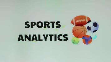Sports Analytics inscription on light background with balls for various sports illustration. Sports conception video