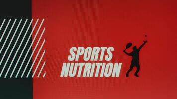 Sports Nutrition inscription on red and black background with tennis player symbol. Sports concept video