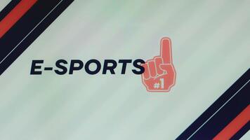 E-Sports inscription on light background with dark blue and red stripes and Number One symbol. Sports concept video