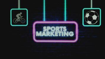 Sports Marketing inscription in pink neon frame on blue bricks background with sports symbols. Sports concept video