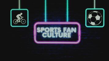 Sports Fan Culture inscription in pink neon frame on brick wall background with sports symbols on sides. Sports concept video