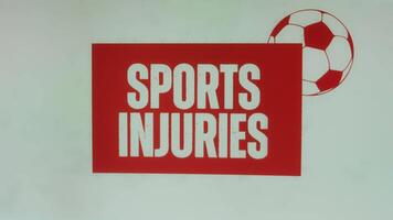 Sports Injuries appearing inscription on red and white background with football ball symbol. Sports concept video