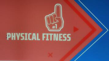 Graphic presentation with Physical Fitness inscription on red background with Number One symbol. Sports concept video