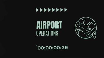 Airport Operations inscription on black background with flying aircraft over Globe symbol. Graphic presentation. Transportation concept video