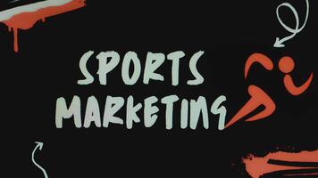 Sports Marketing inscription on black background with flickering running man symbol. Graphic presentation. Sports concept video