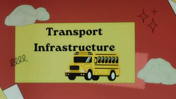 Transport Infrastructure inscription on yellow and red background with moving yellow bus symbol. Transportation concept video