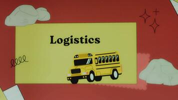 Logistics inscription on yellow and red background with moving bus symbol. Transportation concept video