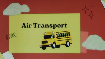 Air Transport inscription on yellow and red background with moving bus illustration. Graphic presentation. Transportation concept video