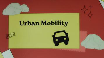 Urban Mobility inscription on yellow and red background with moving car symbol. Transportation concept video