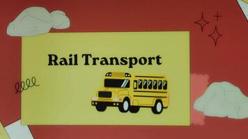 Rail Transport inscription on yellow and red background with moving bus symbol. Graphic presentation. Transportation concept video