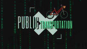 openbaar vervoer opschrift Aan zwart achtergrond met fiets symbool. grafisch presentatie. concept van gebruik makend van milieuvriendelijk modi van vervoer. video