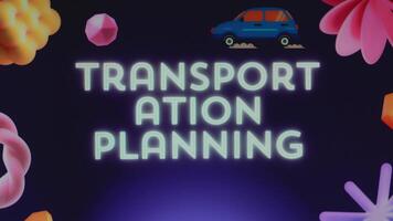 Graphic presentation with Transportation Planning inscription on dark blue background. Moving car illustration. Transportation concept video