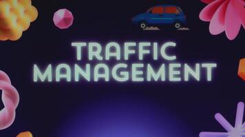 grafisk presentation med trafik förvaltning inskrift på mörk blå bakgrund. rör på sig bil illustration. transport begrepp video