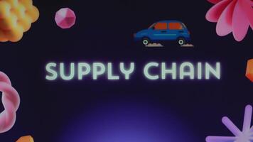 Graphic presentation with Supply Chain inscription on dark blue background. Moving car illustration. Transportation concept video