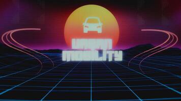 Urban Mobility inscription on synth wave background with car symbol. Graphic presentation. Transportation concept video