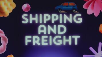 Shipping and Freight inscription on dark blue background with moving car illustration. Graphic presentation. Transportation concept video