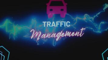 verkeer beheer opschrift Aan zwart achtergrond met neon kleur bliksemschichten en auto symbool. grafisch presentatie. vervoer concept video