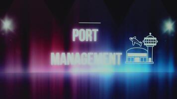 Port Management inscription on bright background with airport symbol. Graphic presentation. Transportation concept video