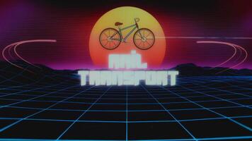 Rail Transport inscription on colorful synth wave background and bicycle illustration. Graphic presentation. Transportation concept video