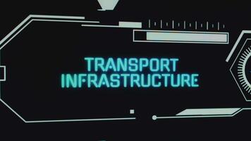 Transport Infrastructure neon inscription on black background with aircraft symbol. Graphic presentation. Transportation concept video