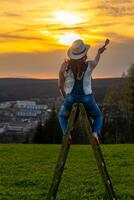 a woman in a work pants stands on a wooden ladder and paints the sunset photo