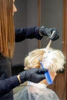 Coloring female hair in the hair salon. Young woman having her hair dyed by beautician at the beauty parlor. photo