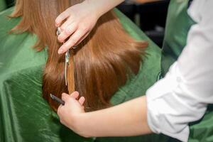 manos de peluquero cortar mujer largo cabello, cerca arriba. foto