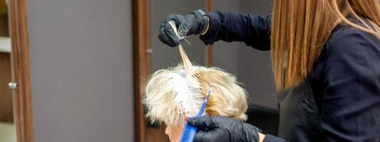 colorante hembra pelo en el pelo salón. joven mujer teniendo su pelo teñido por cosmetólogo a el belleza salón. foto