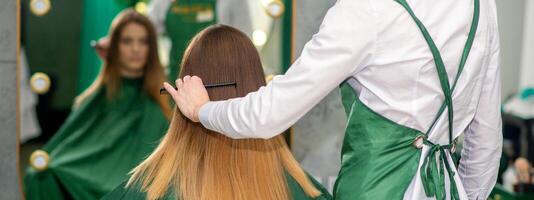 un hembra peluquero es peinada el largo marrón pelo de un joven mujer a un salón. foto