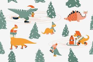 Dinosaur Christmas seamless pattern with cute Dino and other fantastic winter elements. Gifts, christmas tree, skates, finnish sleigh. Cartoon illustration. vector