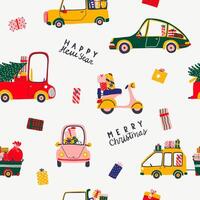 Vintage Christmas and New Year greeting seamless pattern. illustration of retro cars and a scooter with gifts and a Christmas tree and other winter elements. Background for card, wrapping, textile vector