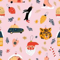 New year seamless pattern with cute funny Christmas toys. Tiger, car, Santa Claus and other Christmas toys. Background for gift wrapping or fabric design. illustration. vector