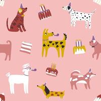 Seamless pattern with cute dogs in birthday hats with cakes. Dachshund, jack russell, terrier, doberman. Animal pattern, perfect for kids textile, nursery decor, fabric, wrapping paper. illustration. vector