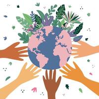 Happy Earth Day eco illustration for a social poster, banner or map on the theme of saving the planet. Hands holding globe, earth. Earth day concept. vector