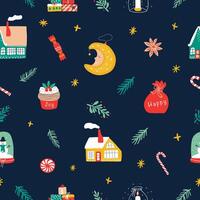 Christmas seamless pattern on a dark background. New Year pattern with house, moon, candle, mistletoe, giftbox, snow globe. Hand drawn illustration. Winter pattern, perfect for textile, decor, fabric. vector