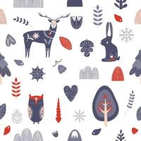 Christmas seamless pattern in folk style. Christmas toys deer, snowflake, tree, rabbit, heart, owl. Elements for banner, background, printing on paper. Hand drawn illustration. vector