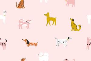 Seamless pattern with cute dogs in collars. Dachshund, terrier, doberman, samoyed, poodle, akita inu, labrador, dalmatian. Animal pattern. vector