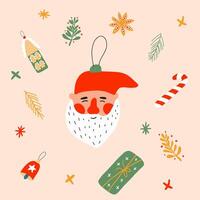 Navidad saludo tarjeta o invitación diseño con Papa Noel noel alegre Navidad idea para saludo tarjeta, pared arte, t camisa, imprimible prendas de vestir. regalo, campana, caramelo caña en antecedentes. vector