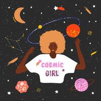 The concept of spirituality and mental health. Beautiful black woman on a cosmic background. Space illustration for printing on a T shirt, postcard, pillow, poster, textile and more. vector