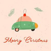 Christmas greeting card or invitation design with retro car. Snow and spruce branches on the background. Merry Christmas idea for greeting card, wall art, t shirt, printable apparels. vector
