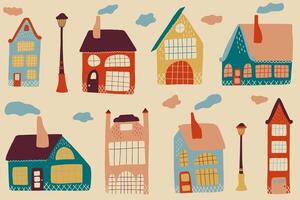 Set of various small tiny houses. Urban landscape of European city street with stores, shop, cafe, restaurant, bakery, coffee house. vector